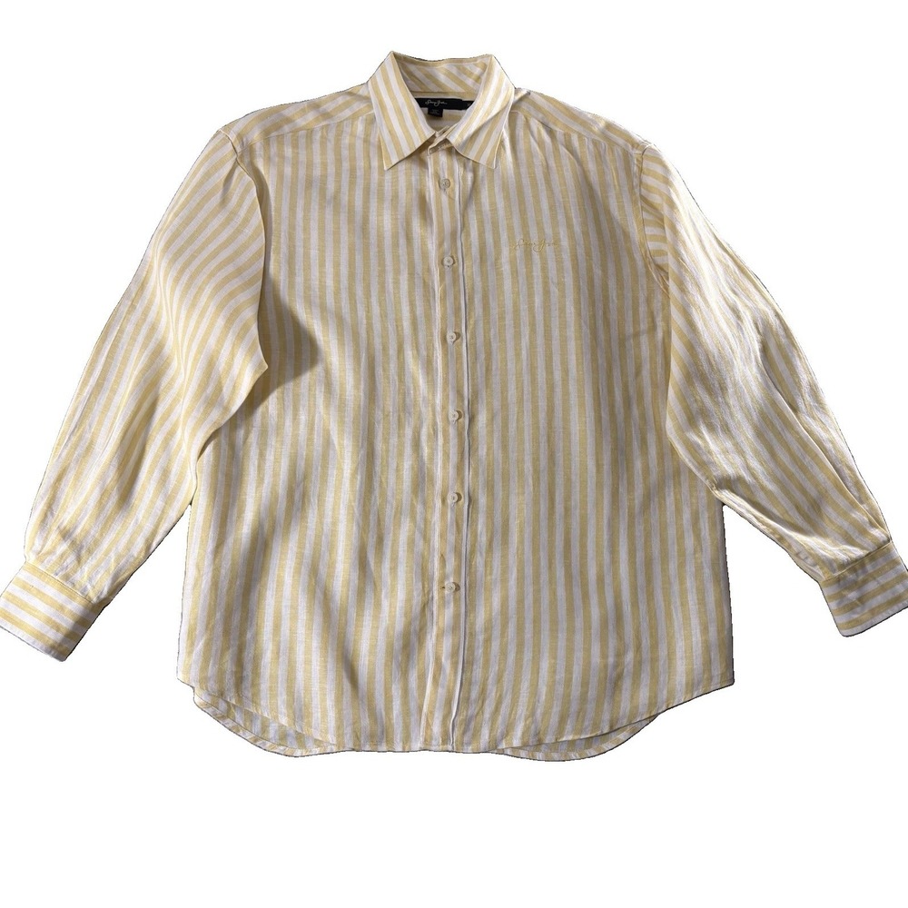 Sean John Men's XL Yellow White Striped 100 Linen Button Front Shirt Long Sleeve